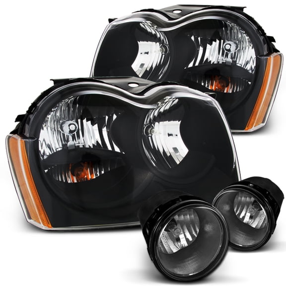 AKKON - For Jeep Grand Cherokee Replacement Headlights Driver/Passenger Black Head Lamps + Smoked Fog lights