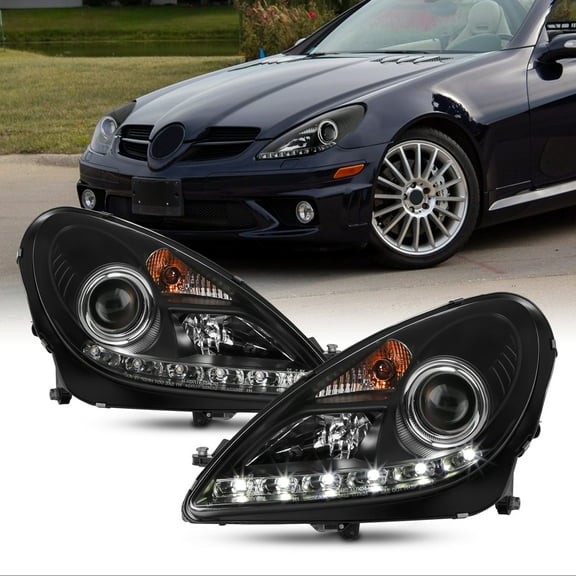 AKKON - For Mercedes Benz R171 SLK-Class Black Bezel DRL Daylight LED Strip Halogen Type Projector Headlights