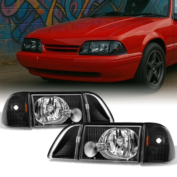 AKKON - For Mustang Black Headlights Headlamps w/ Corner & Parking Lights 6Pcs Complete Replacement Pair Set