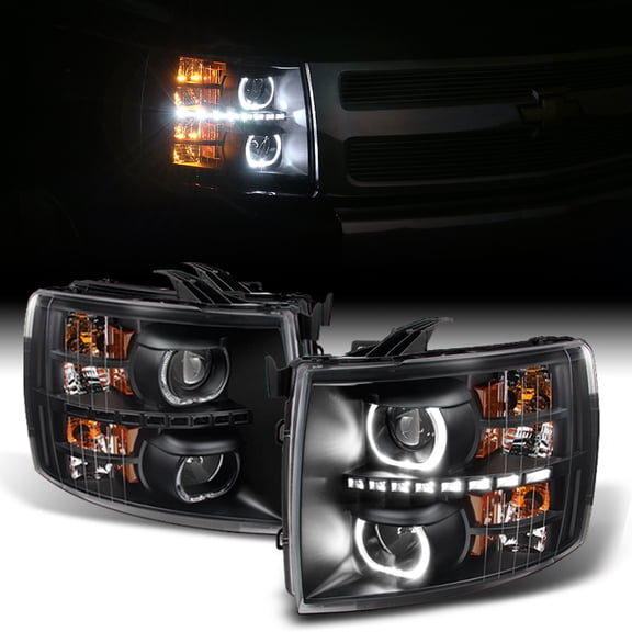 AKKON - For Silverado Black Exclusive Projector SMD DRL LED Headlights Driver + Passenger Side Pair