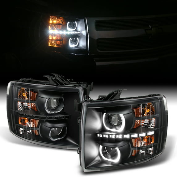 AKKON - For Silverado Black Exclusive Halo Projector SMD DRL LED Headlights Driver + Passenger Side Pair