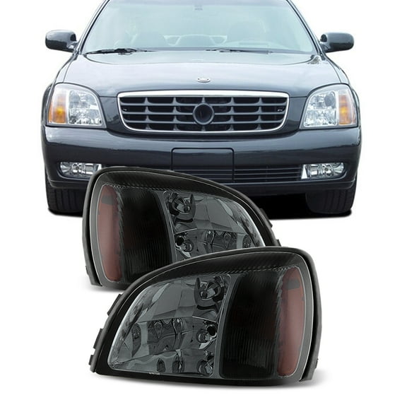 AKKON - For Smoked Smoke 00-05 Cadillac Deville Headlights Front Lamps Direct Replacement Pair Left + Right