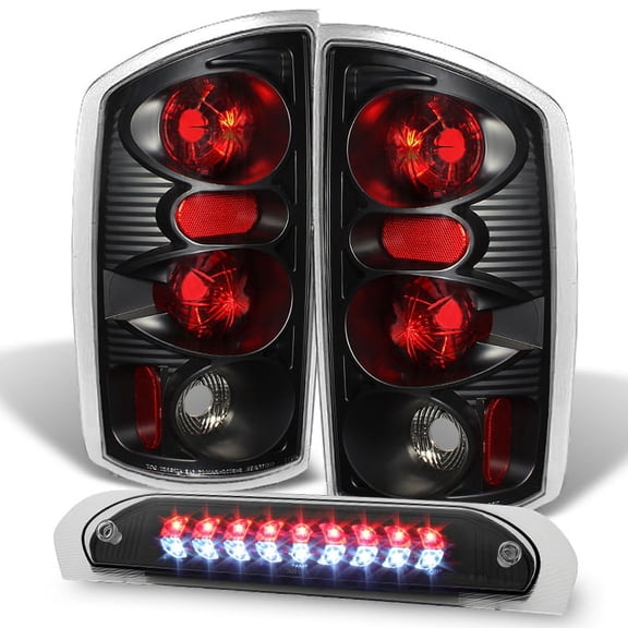 AKKON - For Third Generation Dodge Ram Pickup Black Bezel Tail Light + LED 3rd Cargo Brake Lamp Set