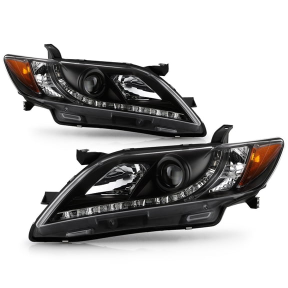 AKKON - For Toyota Camry Black Bezel DRL Daylight LED Strip Projector Headlights Front Lamp Left   Right Pair