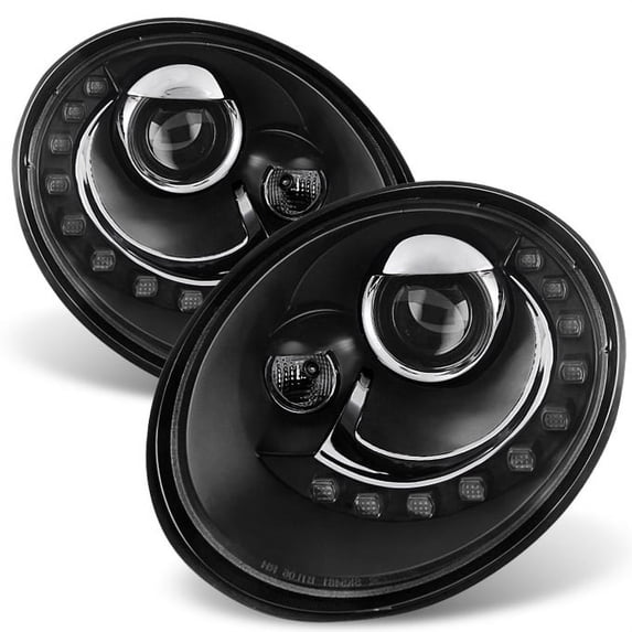 AKKON - For VW Beetle Black Bezel DRL Daylight LED Strip Projector Headlights Front Lamps Replacement