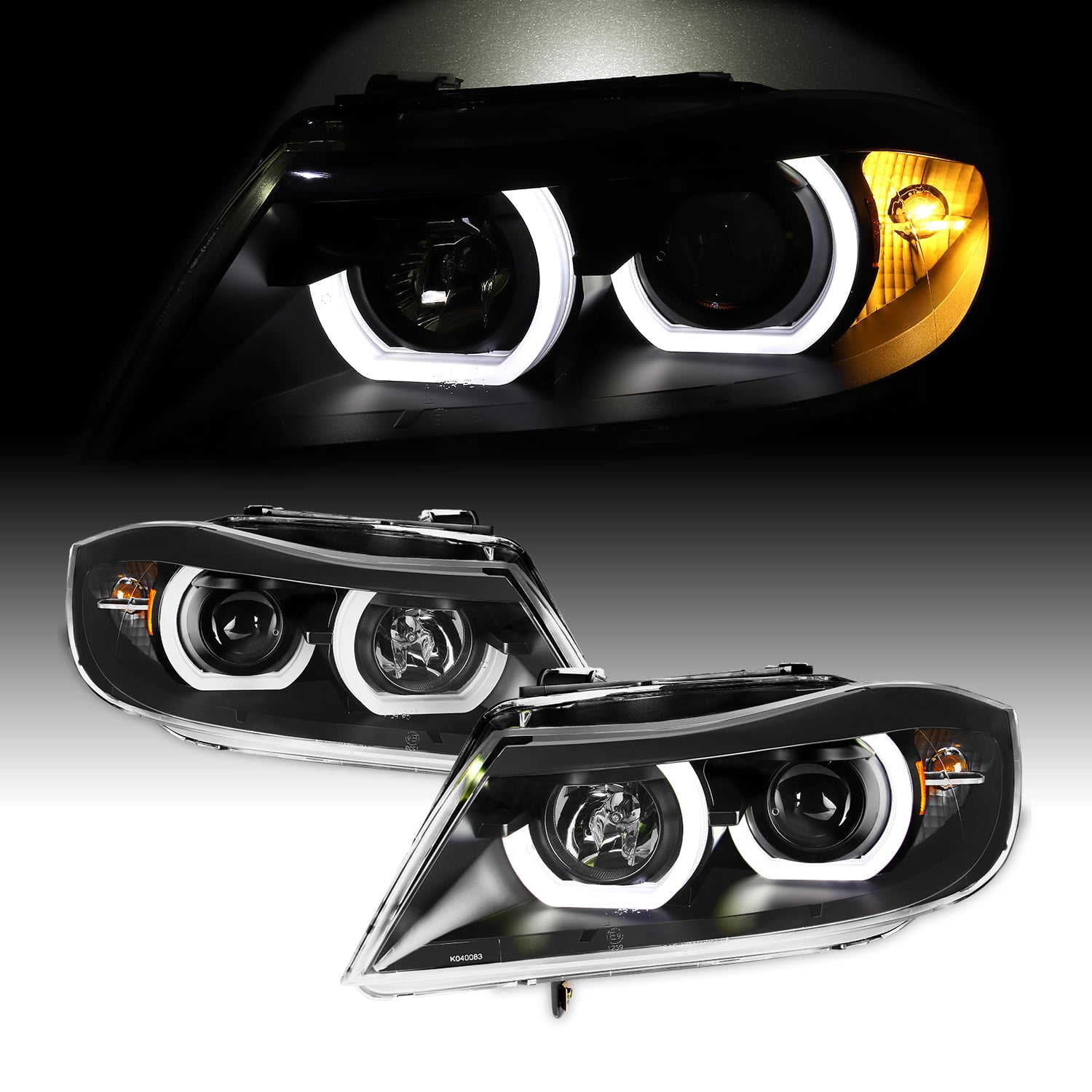 AKKON - Headlights For BMW E90 Sedan & Wagon [Halogen Style] LED U-Black Housing Projector Headlights Headlamps