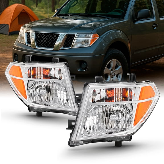 AKKON - Pair Chrome Headlights Fits 2005-2008 Frontier 2005-2007 Pathfinder [Halogen Models] Replacement Left + Right