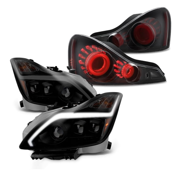 AKKON - [Premium LED Light Tube] For 2008-2013 Infiniti G37 / 14-15 Q60 Coupe Headlights + 3D LED Tail lights Black Smoke Assembly