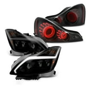 AKKON - [Premium LED Light Tube] For 2008-2013 Infiniti G37 / 14-15 Q60 Coupe Headlights + 3D LED Tail lights Black Smoke Assembly