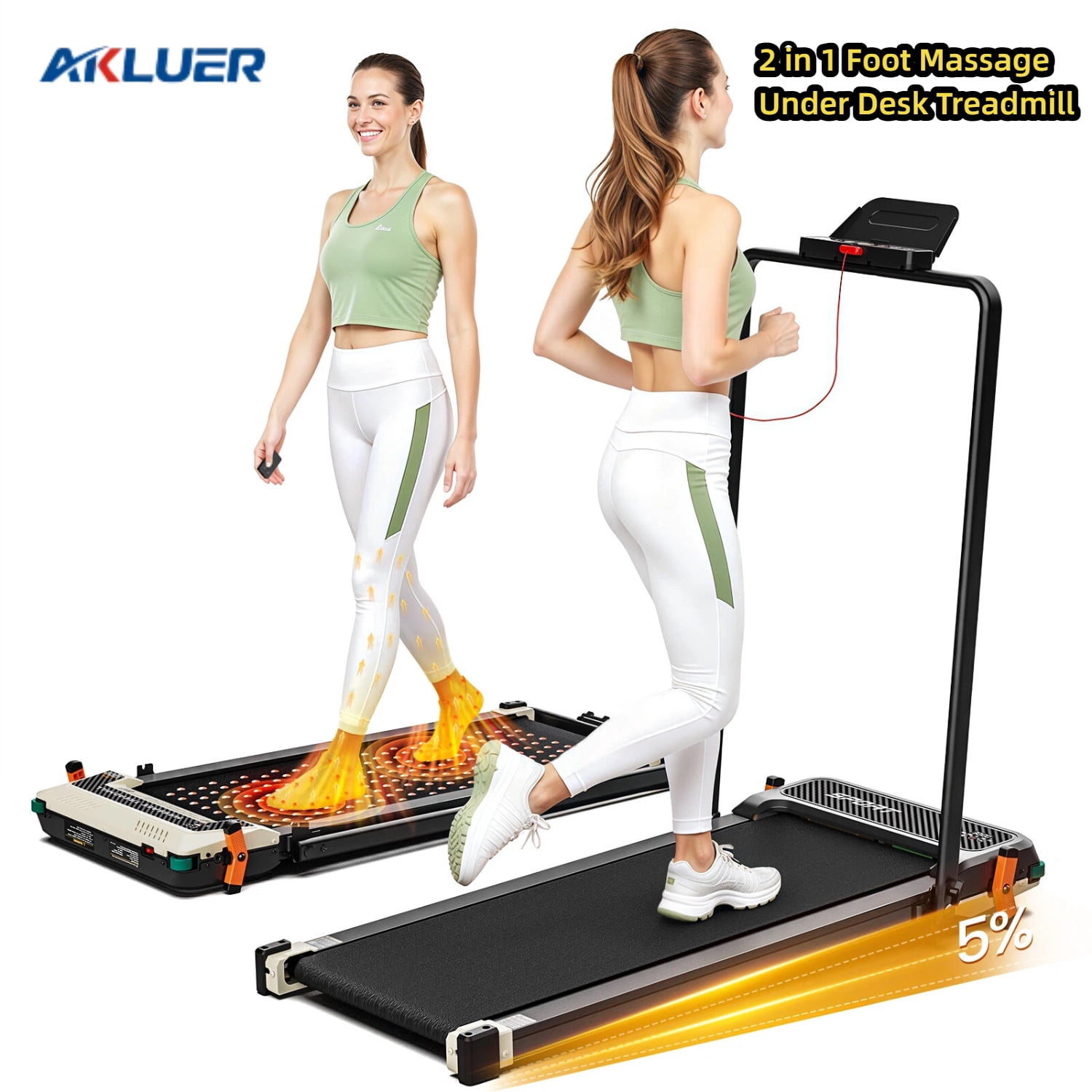 AKLUER 2 in 1 Walking Pad Treadmill with Incline & Shiatsu Foot Massager, 330LBS Capacity, LED Display, Remote Control for Home & Office
