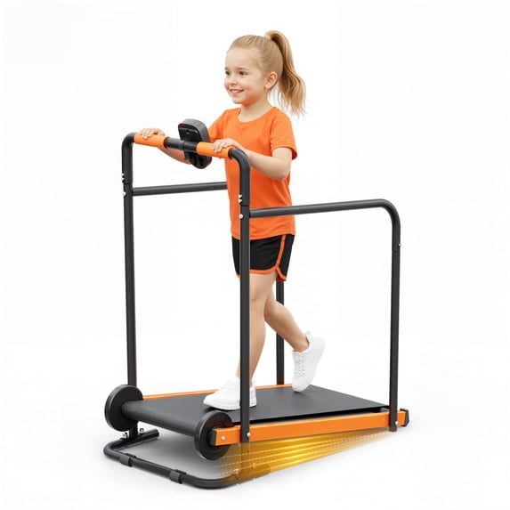 AKLUER Manual Treadmill for Kids, Fixed 10% Incline Non-Powered Walking Pad, Max 220lbs Capacity with Handrail & Display Screen, Eco-Friendly Manual Walking Running Machine for Home