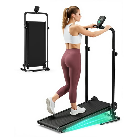 AKLUER Manual Treadmill, Motorless Treadmills with Dual Flywheel & Fixed Incline, LCD Monitor, Non-Slip Belt, Compact Foldable Design for Walking/Jogging