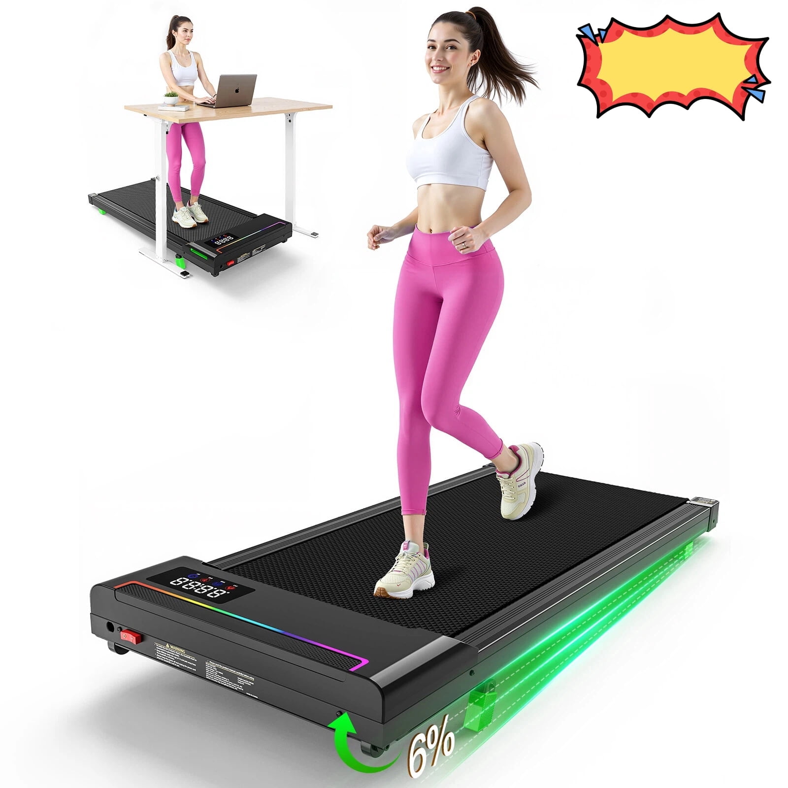 AKLUER P03B Under Desk Walking Pad Treadmill, 2.5 HP Brushless Motor, 6% Incline, LED Display & Remote, 0.6–4 MPH, 350 lbs Capacity