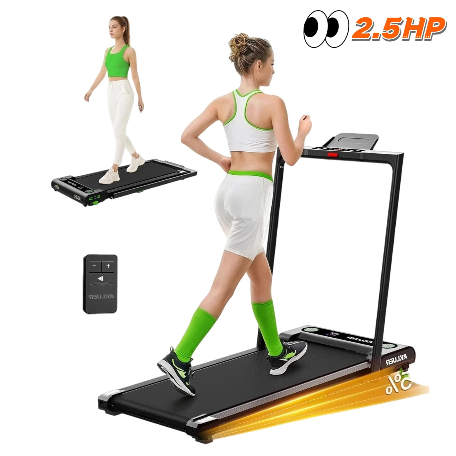 AKLUER Walking Pad Treadmill with 5% Incline, 2.5 HP Motor, Quiet Under Desk Treadmill with LED Display, Dual Remote, 330lbs Capacity