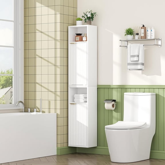 AKMAKM 59.1" Tall Slim Bathroom Storage Cabinet White | Freestanding or Wall Mounted Modular Cabinet, Fluted Panel Linen Tower with Adjustable Shelves for Small Spaces
