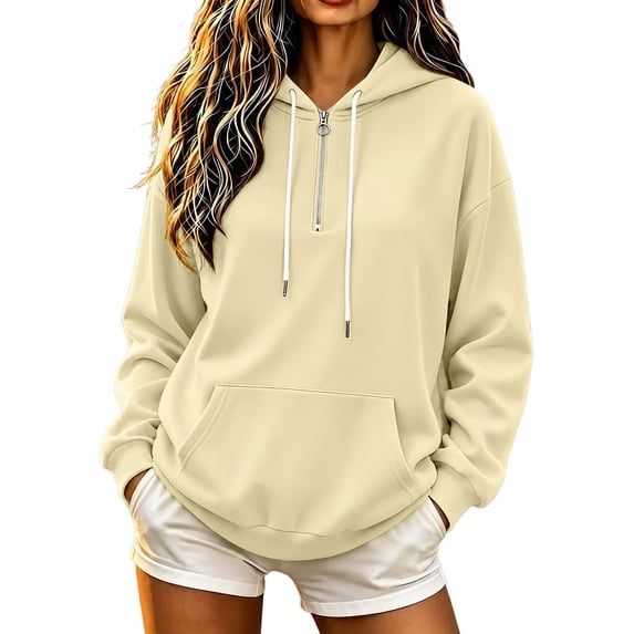 AKOEE 1/4 Zip Hoodie Pullover for Women Drawstring Hooded Baggy Sweatshirts with Pocket Fall Winter Tops (L, Khaki)