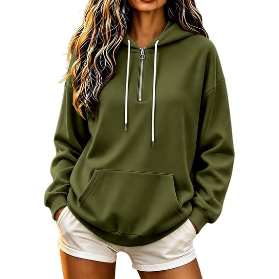 AKOEE 1/4 Zip Hoodie Pullover for Women Drawstring Hooded Baggy Sweatshirts with Pocket Fall Winter Tops (M, Army Green)