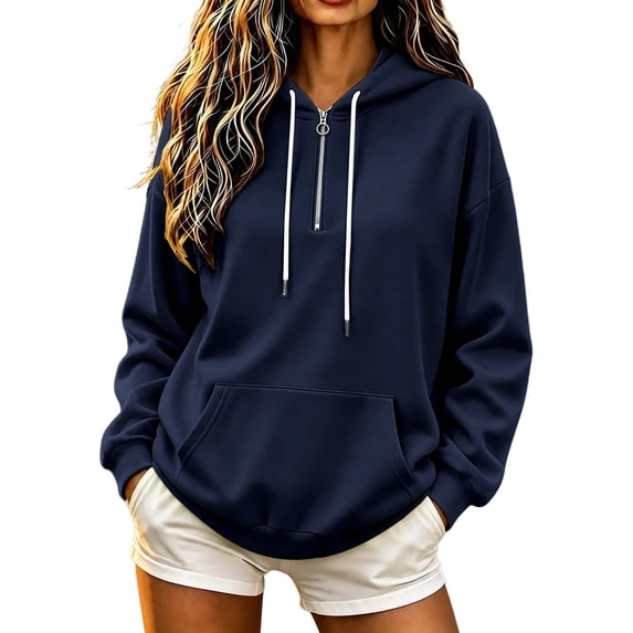 AKOEE 1/4 Zip Hoodie Pullover for Women Drawstring Hooded Baggy Sweatshirts with Pocket Fall Winter Tops (M, Navy)