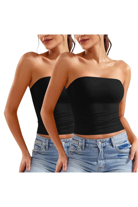 2 Pack Tube Tops for Women Undershirts Soft Stretch Cotton Strapless Off Shoulder Cropped Tee Blouses (L, Black)