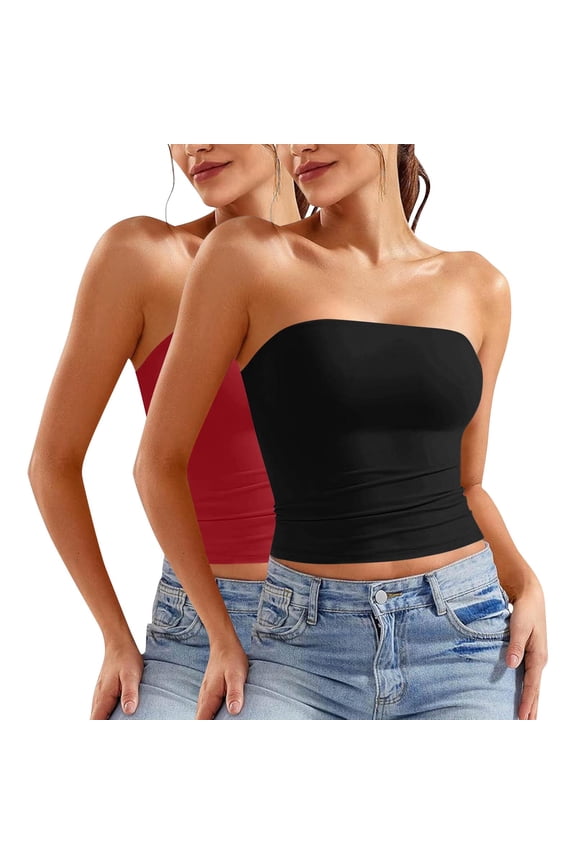 2 Pack Tube Tops for Women Undershirts Soft Stretch Cotton Strapless Off Shoulder Cropped Tee Blouses (XL, Red+Black)