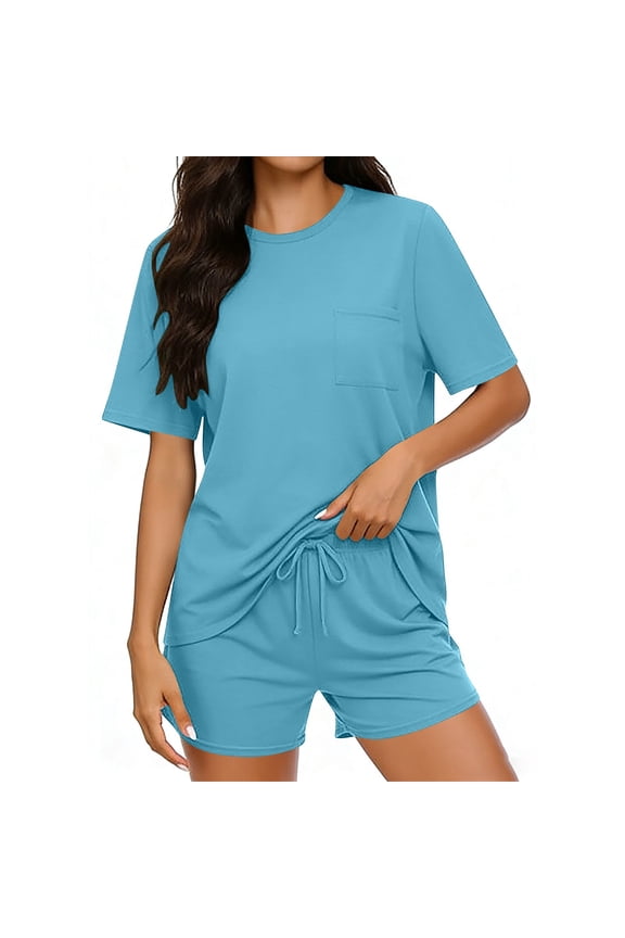 2 Piece Cotton Pajamas for Women Short Sleeve Crewneck Top & Drawstring Waist Shorts Summer Pjs Sets (2XL, Sky Blue)