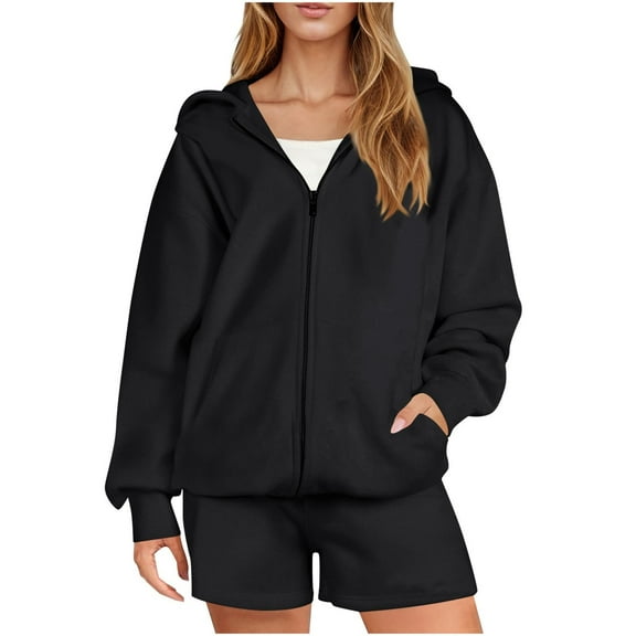 AKOEE 2 Piece Sweatsuits for Women Cotton Loose Full Zip Hoodie Jacket and Shorts Sets Pockets Casual Sweat Outfits (M, Black)