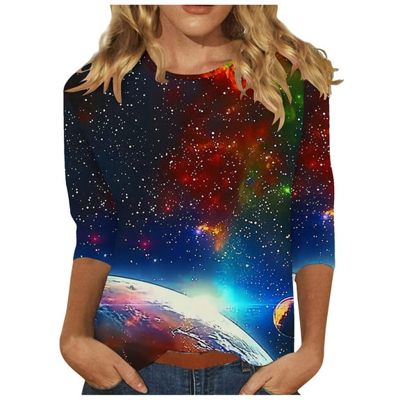 AKOEE 3/4 Sleeve Tops for Women Plus Size S-3X Graphic Tee Shirts Sky Galaxy Printed Cotton Crewneck Tshirts (2XL, Multicolor 04)