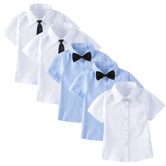 AKOEE 5 Pack School Uniform Boys Girls Button Down Collared Blouses with Tie Short Sleeve Dress Shirts (3 Years, C-5PCS)