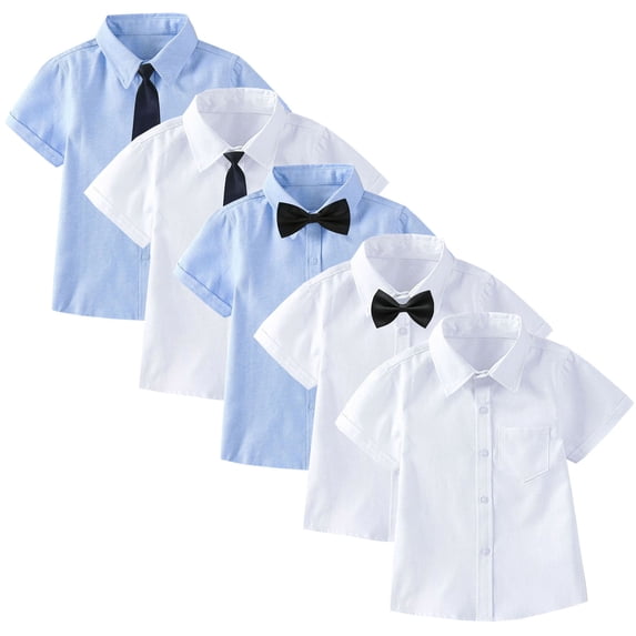 AKOEE 5 Pack School Uniform Boys Girls Button Down Collared Blouses with Tie Short Sleeve Dress Shirts (6 Years, A-5PCS)