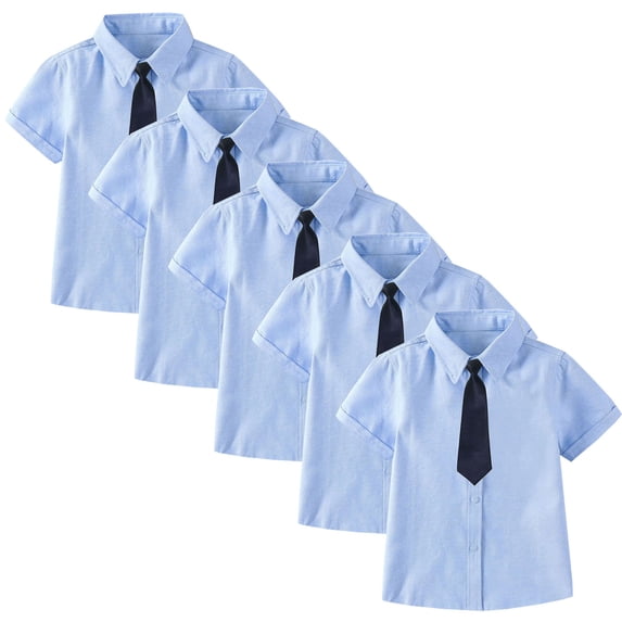 AKOEE 5 Pack School Uniform Boys Girls Button Down Collared Blouses with Tie Short Sleeve Dress Shirts (6 Years, Blue-5PCS)