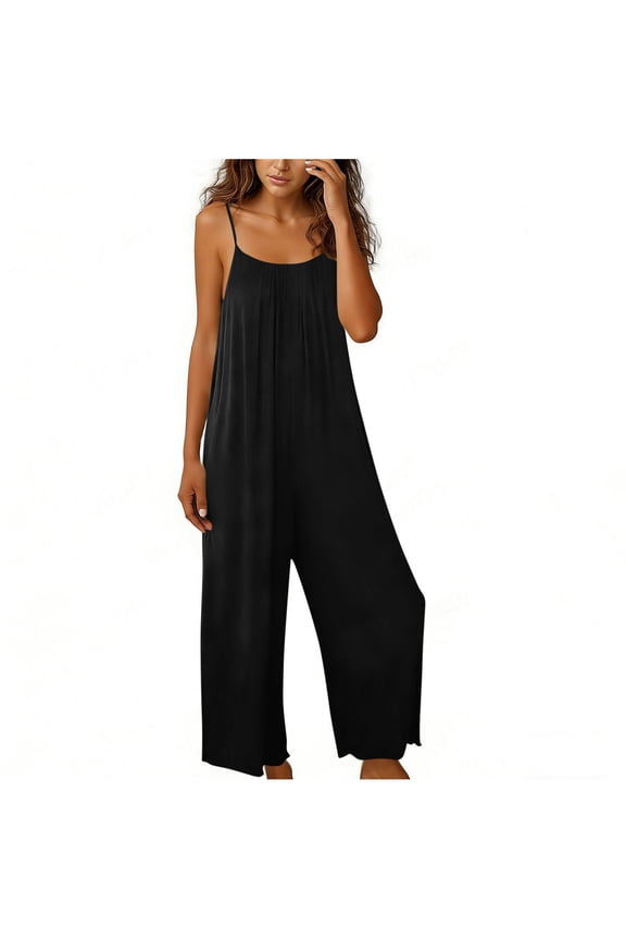 Backless Jumpsuits Womens Spaghetti Strap Baggy Overalls with Pleats Boho Camisole Wide Leg Romper Pant (S, Black)