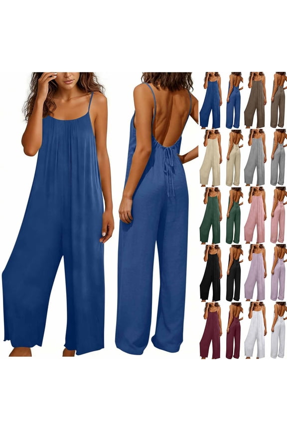 Backless Jumpsuits Womens Spaghetti Strap Baggy Overalls with Pleats Boho Camisole Wide Leg Romper Pant (XL, Blue)