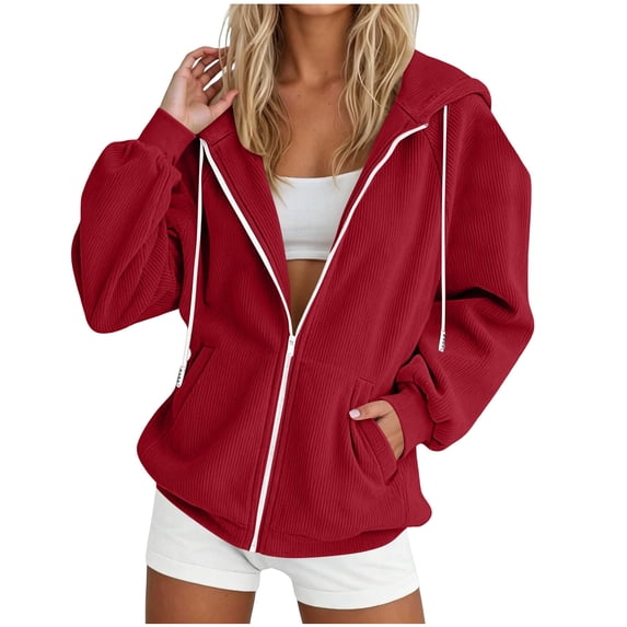 AKOEE Baggy Sweatshirt Jackets for Women Hoodie Full Zip Corduroy Comfy Long Sleeve Sports Coat with Pockets (XL, Wine)