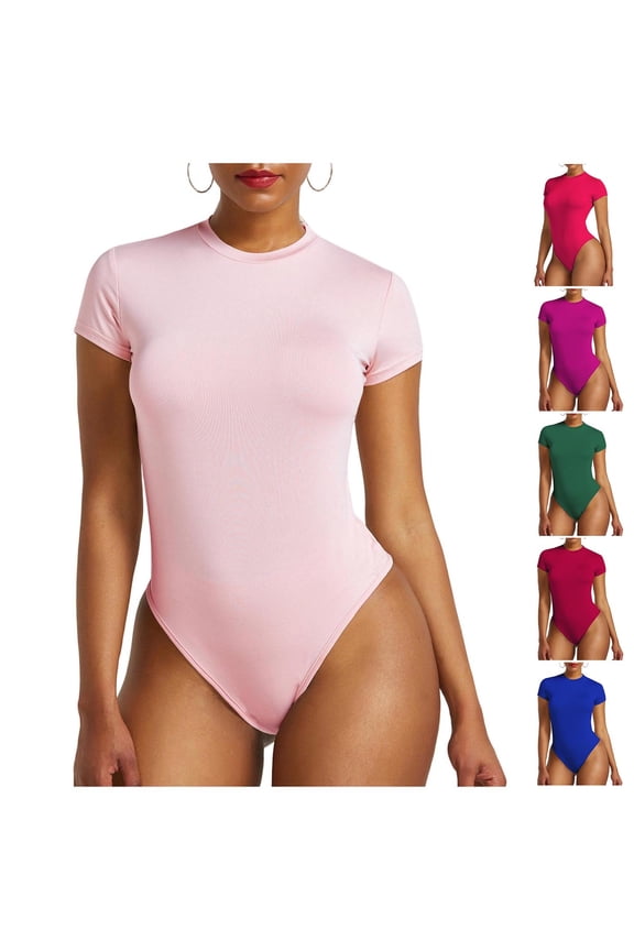 Bodysuits Tops for Women Slim Fit Short Sleeve High Crew Neck Stretch Body Suit Jersey Tshirts Summer (2XL, Pink)
