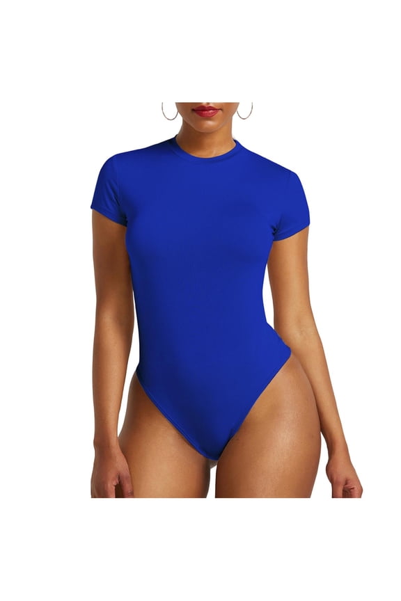 Bodysuits Tops for Women Slim Fit Short Sleeve High Crew Neck Stretch Body Suit Jersey Tshirts Summer (XL, Blue)