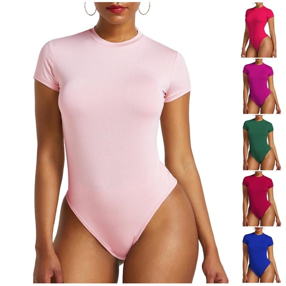 AKOEE Bodysuits Tops for Women Slim Fit Short Sleeve High Crew Neck Stretch Body Suit Jersey Tshirts Summer (XL, Pink)