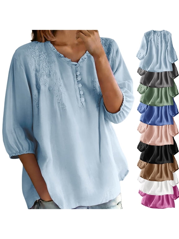 Boho Tops for Women Cotton Linen Loose Fit 3/4 Sleeve Beach Casual Embroidered Tshirts Summer Blouses (2XL, Light Blue)