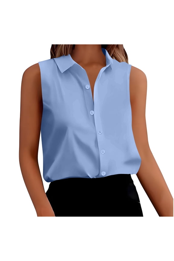 Business Casual Shirts for Women Button Down Sleeveless Lapel Collared Satin Blouses Dressy Tank Tops (XL, Light Blue)