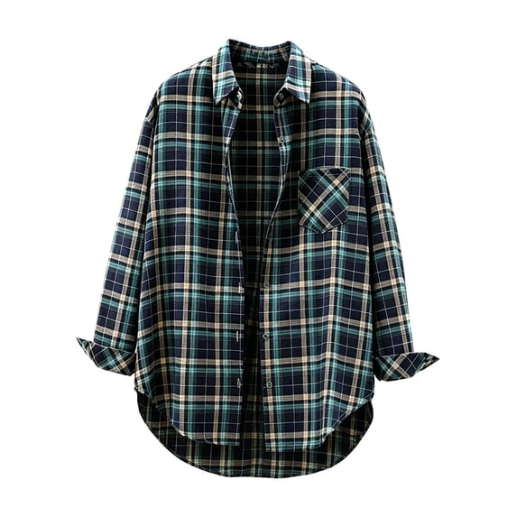 AKOEE Button Down Plaid Shirts for Women Lightweight Jacket Long Sleeve Collared Blouses Casual Spring Fall, Green XL