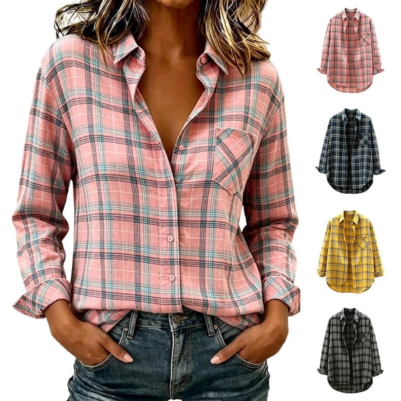 AKOEE Button Down Plaid Shirts for Women Lightweight Jacket Long Sleeve Collared Blouses Casual Spring Fall, Pink XL