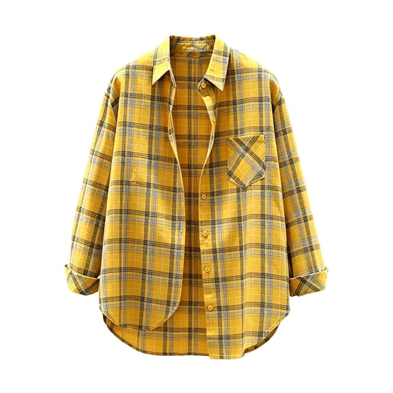 AKOEE Button Down Plaid Shirts for Women Lightweight Jacket Long Sleeve Collared Blouses Casual Spring Fall, Yellow M