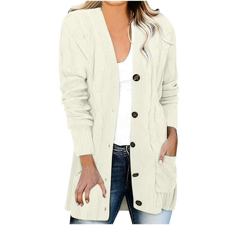 AKOEE Button Down Sweater Cardigan for Women Mid Length Casual Cable Knit Open Front Long Sleeve Pockets Outwear Large Beige Walmart