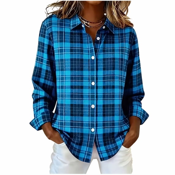 AKOEE Button Up Plaid Shirts Women Linen Blend Long Sleeve Collared Blouses Dressy Casual Fall Spring Tops, Blue XL
