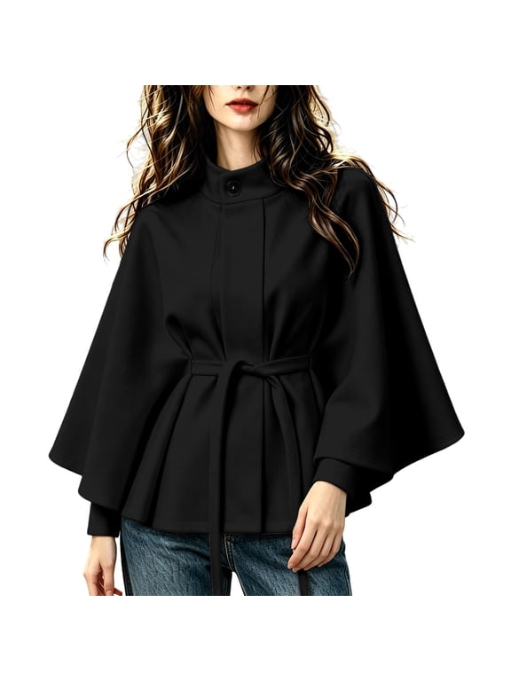 Cape Coat for Women Belted Batwing Sleeve Poncho Jacket Dressy One-Button High Collar Winter Peacoat (XL, Black)