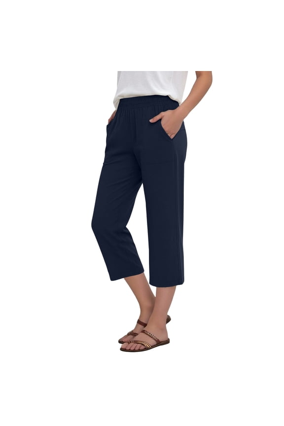 Capri Linen Pants for Women with Pockets Light Casual Lounge Capris High Waisted Wide Leg Summer Trouser (XL, Navy)