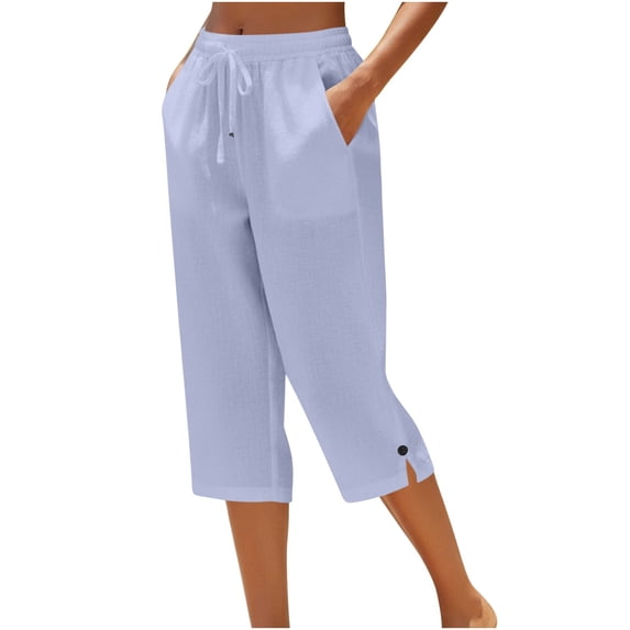AKOEE Capri Pants with Pockets Button Split Hem Plus Size Drawstring Waist Summer Capris for Women Sweatpant (2XL, Light Blue)