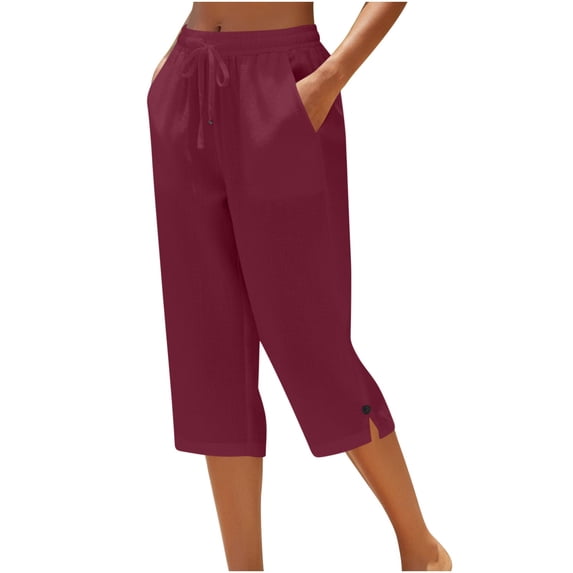 AKOEE Capri Pants with Pockets Button Split Hem Plus Size Drawstring Waist Summer Capris for Women Sweatpant (2XL, Wine)