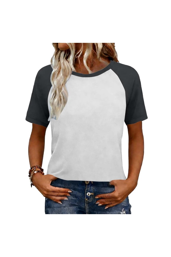 Casual Summer Tops Women Color Block Raglan Short Sleeve T-shirts Crewneck Ringer Basic Tee Tshirts (L, Dark Gray)