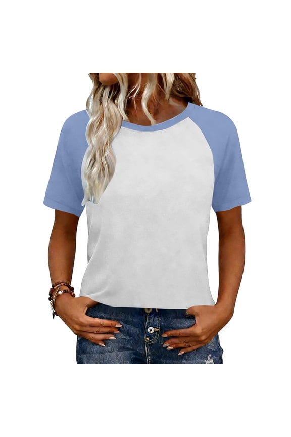 Casual Summer Tops Women Color Block Raglan Short Sleeve T-shirts Crewneck Ringer Basic Tee Tshirts (M, Blue)