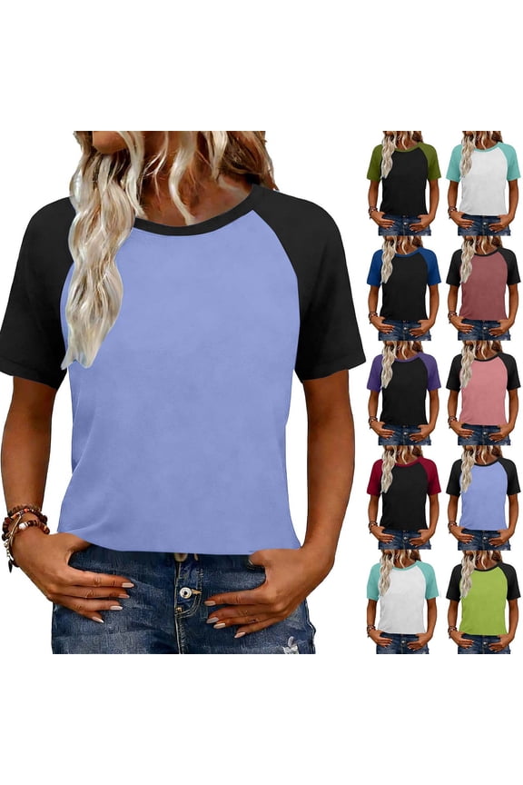 Casual Summer Tops Women Color Block Raglan Short Sleeve T-shirts Crewneck Ringer Basic Tee Tshirts (S, Light Blue)